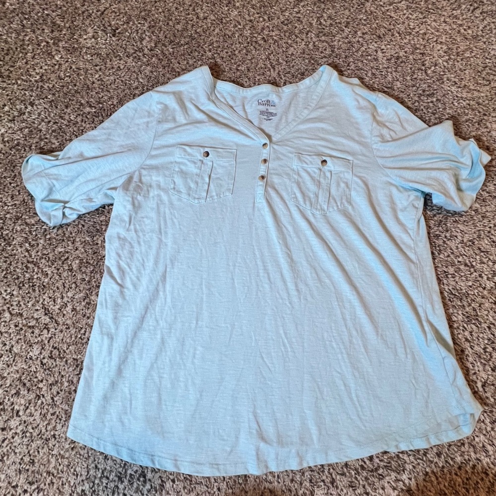 Croft & Barrow Womens XL‎ Light Blue Henley Short Sleeve Slub Knit Pocket Tee